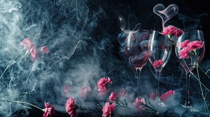 pink flowers are growing and smoking in a glass holder near a pitcher and glasses - obrazy, fototapety, plakaty