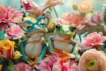 two frogs on a flower stand next to flowers that have been picked from the bushes - obrazy, fototapety, plakaty