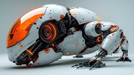 an orange and white robot in full gear and head turned away - obrazy, fototapety, plakaty