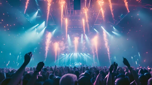 Excited crowd at live concert enjoying music performance. Entertainment and events.