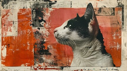 a cat in an orange frame and red and white background