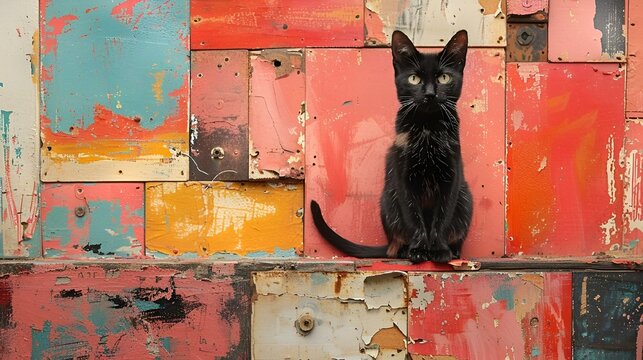 a black cat sits on an old rusty wall with paint
