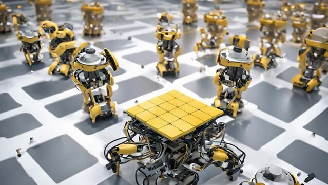 Swarm robotics in electronic assembly, showcasing how multiple robots collaborate to perform complex tasks in parallel