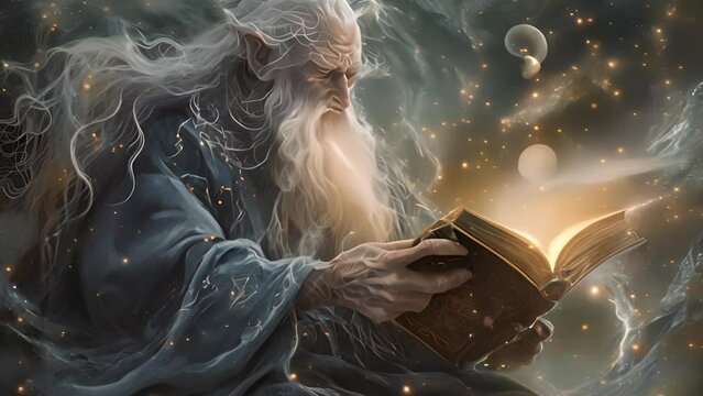 Elderly wizard reading ancient book with cosmic background. Fantasy and imagination.