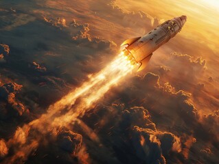 Rocket takes off in the sky. Spaceship begins the mission. Space shuttle taking off on a Planet