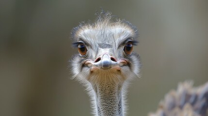 Close-up portrait of an ostrich with a focused gaze and detailed features in a natural habitat