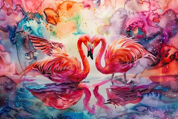 a painting of two flamingos on the beach with a heart shaped cloud in the