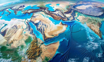topography of the Arabian Peninsula and Middle East through detailed physical maps, showcasing Earth's diverse landforms in a captivating 3D illustration - obrazy, fototapety, plakaty