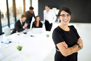 Corporate, portrait of businesswoman in office with pride for leader or manager and team in...