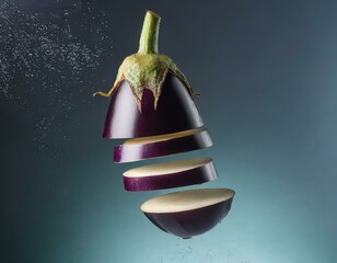 An eggplant levitating while being sliced, with each slice gently separating and water droplets suspended around