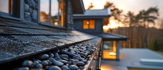 Modern Home Gutter at Sunset with Copyspace. Concept Home Exterior, Gutter, Sunset, Modern Design, Copyspace - obrazy, fototapety, plakaty