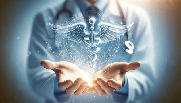 Doctor in a medical coat presents a glowing caduceus symbol, with an ethereal quality, AI-generated.