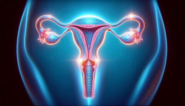 Detailed representation of the female reproductive system on a dark background, AI-generated.
