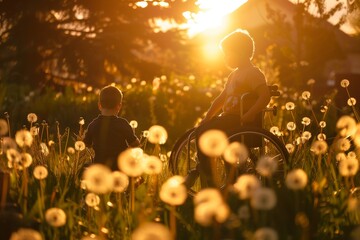 A child in a wheelchair talking to another child outdoors at sunset - obrazy, fototapety, plakaty