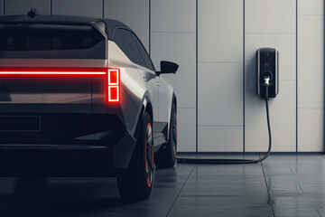 AI generated illustration of an electric vehicle charging in front of a white wall