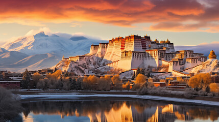 Himalayan Majesty: Potala Palace Meets Sunrise Over Lhasa