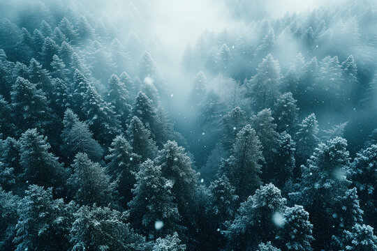 AI-generated illustration of a winter forest with snowy pine trees and fog