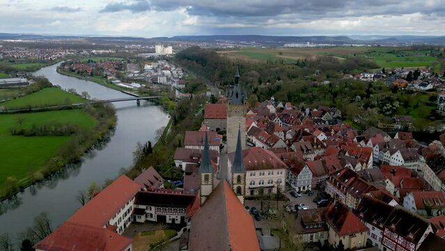 Bad Wimpfen, North of Heilbronn, Germany on the river Neckar filmed on a cloudy day with 4K drone