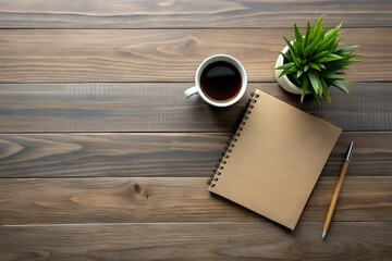 AI generated illustration of a coffee cup, pen, plant and notebook on a tabletop