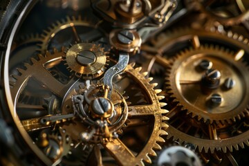 AI generated illustration of a close-up of multiple clock gears and cogs