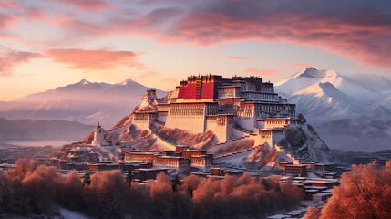 City & Sky Collide: Potala's Majesty - Lhasa Bathed in Fire & Snow