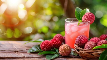 Fresh lychee drink and slice peeled with green leaves harvest in basket from tree tropical fruit summer