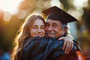 AI generated illustration of a dad proud of his daughter's achievements hugging her