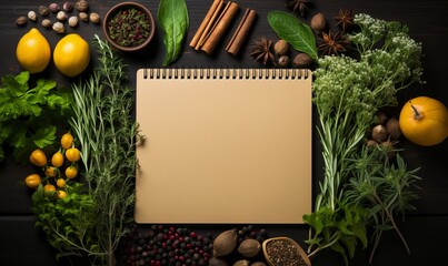 Notepad for your recipe with herbs and spices over a wooden background. Top view with copy space