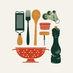 Various kitchen utensils. Pepper pot with grater and colander and wooden spoon. 