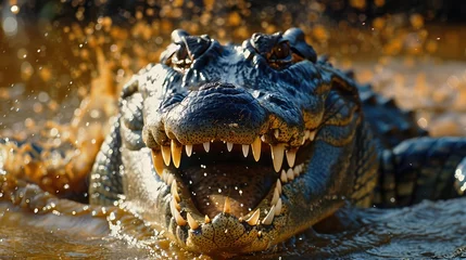 Foto op Plexiglas A saltwater crocodile (Crocodylus porosus) opens its jaws as it erupts out of the Hunter River, part of the Kimberley Region  Western Australia, Australia, 8k Genrative AI © Sumbul
