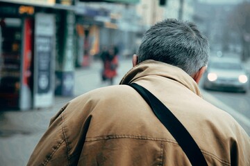 Man with a brown jacket and graying hair from behind walking on a sidewalk on a gloomy day in a city