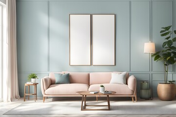 Contemporary Living Room: Blank Picture Frame Mockup on White Wall with Pastel Colors