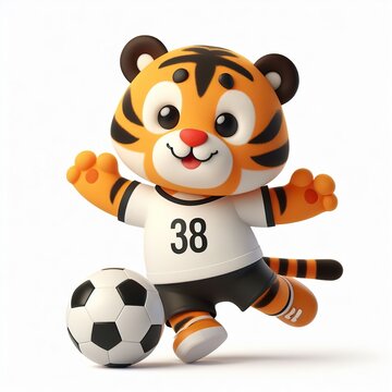 Cute character 3D image of a Tiger with simple football clothes playing a ball, funny, happy, smile, white background