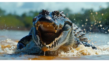Fototapeten A saltwater crocodile (Crocodylus porosus) opens its jaws as it erupts out of the Hunter River, part of the Kimberley Region  Western Australia, Australia, 8k Genrative AI © Sumbul