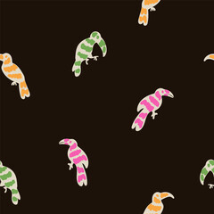 Abstract birds pattern giving a tropical funky jungle vibe with pink,orange, cream,green,black.  Great for homedecor,fabric,wallpaper,giftwrap,stationery,packaging design projects.