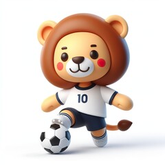 Cute character 3D image of a ox with simple football clothes playing a ball, funny, happy, smile, white background