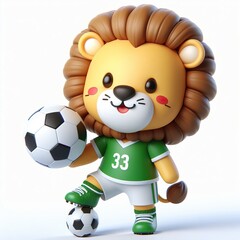 Cute character 3D image of a Lion with simple football clothes playing a ball, funny, happy, smile, white background