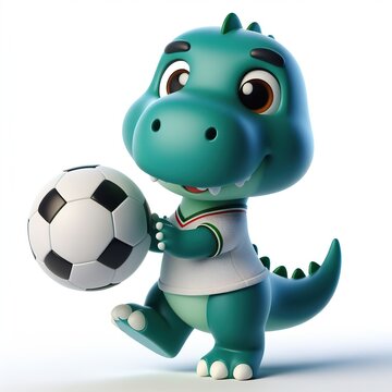 Cute character 3D image of a dinosaur with simple football clothes playing a ball, funny, happy, smile, white background