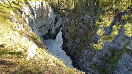 Scenic view of Sunwapta Fall in Jasper National Park in Alberta, Canada