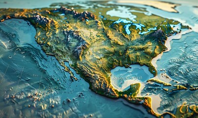 geography and topography of the USA through a detailed physical map, showcasing Earth's landforms in a 3D illustration - obrazy, fototapety, plakaty