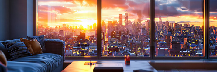 Sunset Cityscape: The Golden Hour Casting Its Warmth Over a Tapestry of Urban Life and Architectural Marvels