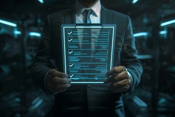 A man in a suit and tie makes a gesture with a clipboard checklist in darkness - obrazy, fototapety, plakaty