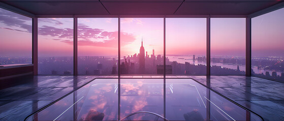 Sunset Serenity: An Empty Room Overlooking a Tranquil Cityscape, Offering a Moment of Calm in the Urban Rush