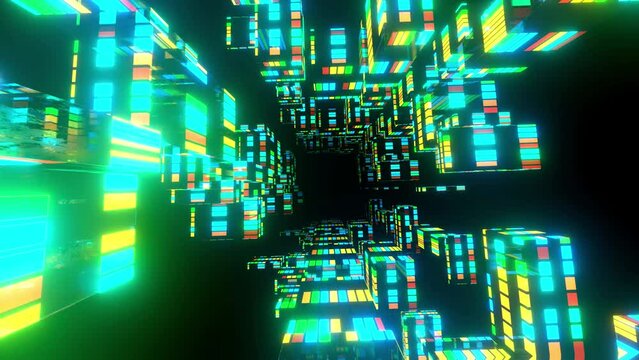 flight through hi-tech technology tunnel with camera shake. Neon light, sci-fi constructions, mysterious 3d objects and hologram. Fly through technology cyberspace. 3d almost looped 4k bg
