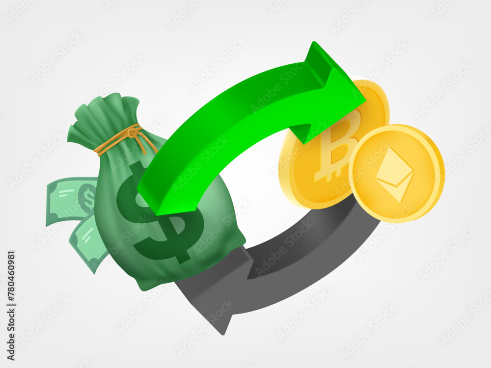 Poster two arrows with money and cryptocurrency. money exchange concept. 3d vector icons isolated on white 