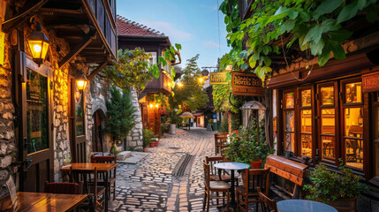 Fototapeta na wymiar An old tavern on an old narrow paved street in a lovely old town in the evening
