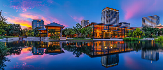 Fototapeta premium Sunset Serenity: Bangkoks Skyline Reflecting on the River, Blending Urban Progress with Natural Beauty