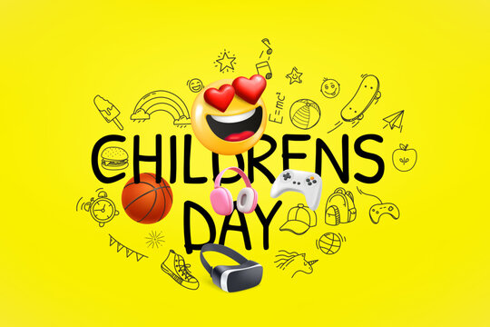 Childrens day greeting card with doodlу and 3d elements