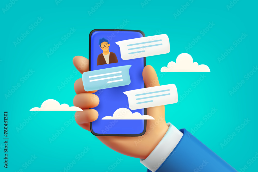 Poster dialog via modern mobile phone. 3d vector illustration