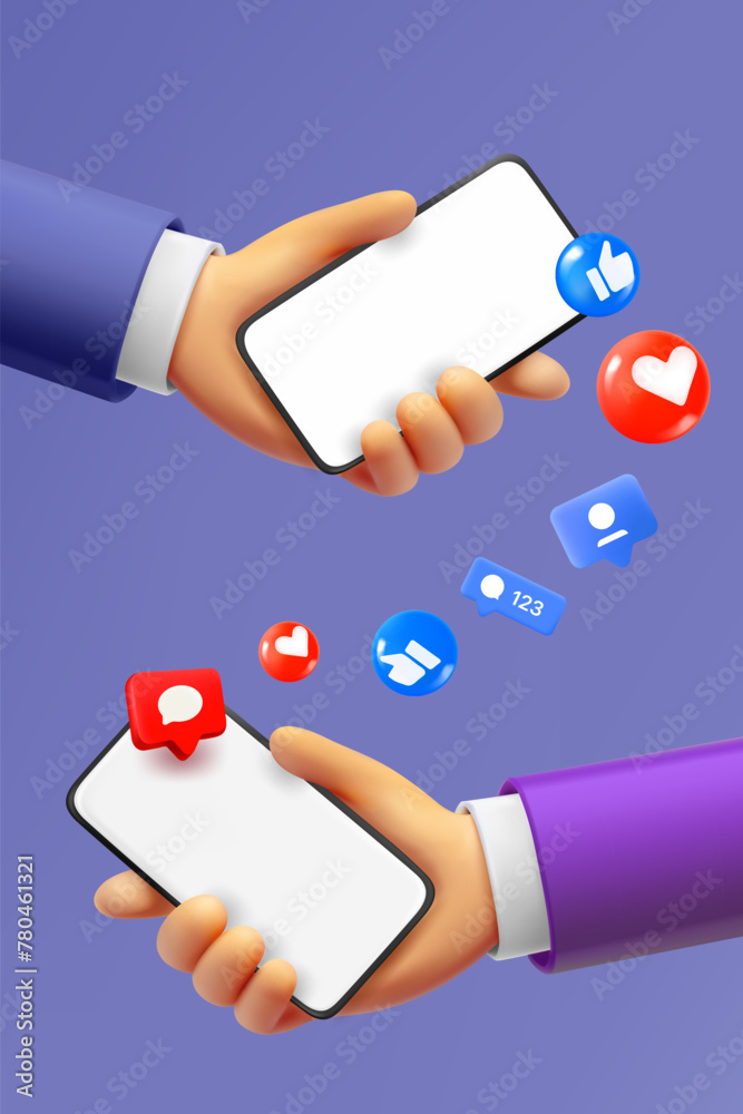 Aufkleber sending social media content with two smartphones. 3d vector illustration